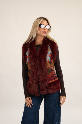 Gilet Corto Pelliccia con Ricamo bordeaux|Colore:Bordeaux