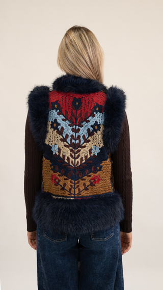 Gilet Corto Pelliccia con Ricamo blu|Colore:Blu