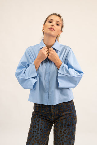 Camicia Crop Manica Ampia celeste|Colore:Celeste