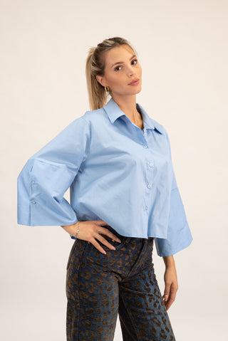 Camicia Crop Manica Ampia celeste|Colore:Celeste