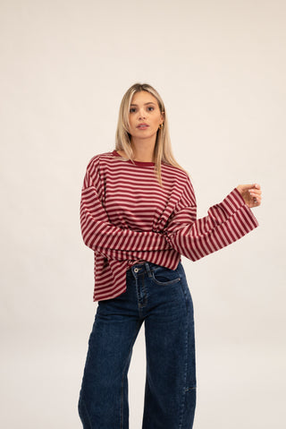 Maglia Righe Manica Lunga bordeaux/rosa|Colore:Bordeaux/rosa
