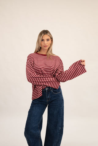 Maglia Righe Manica Lunga bordeaux/rosa|Colore:Bordeaux/rosa