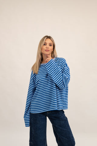 Maglia Righe Manica Lunga celeste/jeans|Colore:Celeste/jeans