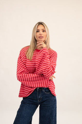 Maglia Righe Manica Lunga rosso/rosa|Colore:Rosso/rosa