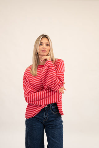 Maglia Righe Manica Lunga rosso/rosa|Colore:Rosso/rosa