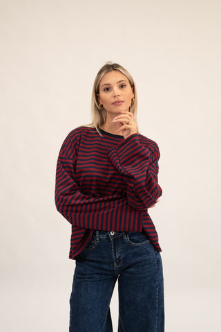 Maglia Righe Manica Lunga blu/bordeux|Colore:Blu/bordeux
