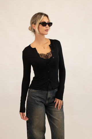 Maglia Bottoni con Pizzo nero|Colore:Nero