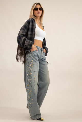 Jeans Wideleg Flower Strass jeans|Colore:Jeans