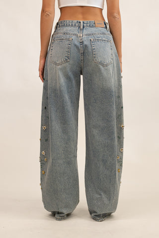 Jeans Wideleg Flower Strass jeans|Colore:Jeans