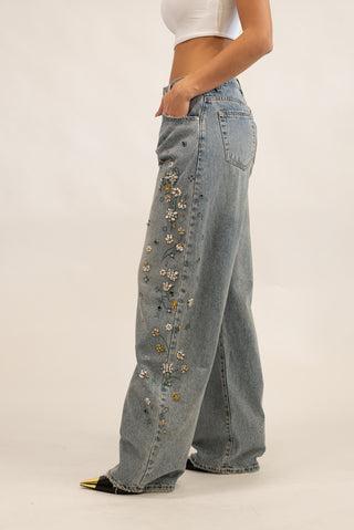 Jeans Wideleg Flower Strass jeans|Colore:Jeans