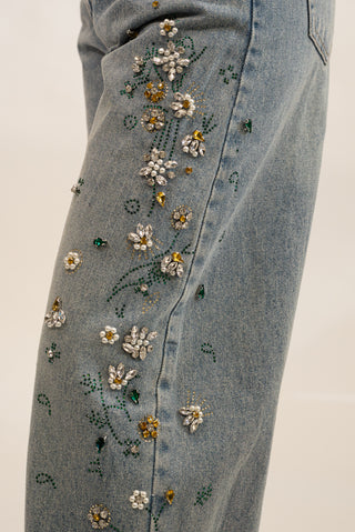Jeans Wideleg Flower Strass jeans|Colore:Jeans