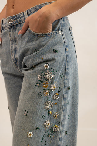 Jeans Wideleg Flower Strass jeans|Colore:Jeans