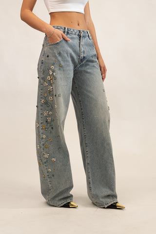 Jeans Wideleg Flower Strass jeans|Colore:Jeans