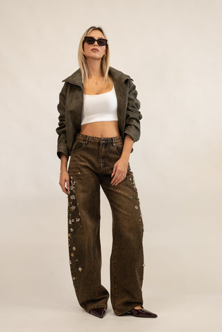 Jeans Wideleg Flower Strass moro|Colore:Moro