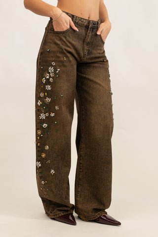 Jeans Wideleg Flower Strass moro|Colore:Moro