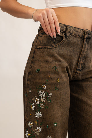 Jeans Wideleg Flower Strass moro|Colore:Moro
