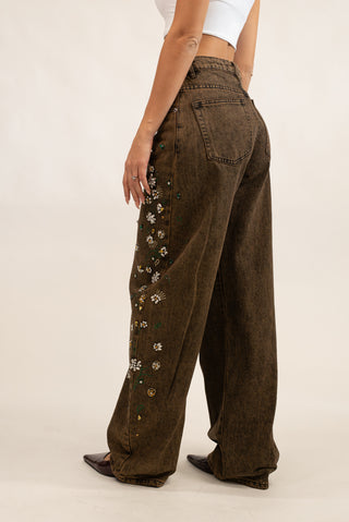 Jeans Wideleg Flower Strass moro|Colore:Moro