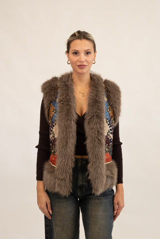 Gilet Corto Pelliccia con Ricamo Fango|Colore:Fango