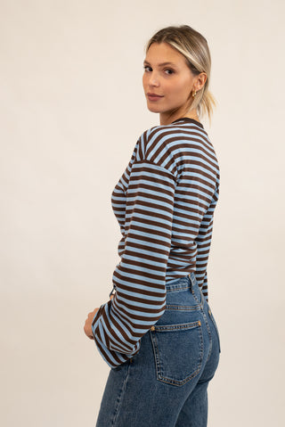 Maglia Righe Drappeggiata celeste/moro|Colore:Celeste/moro