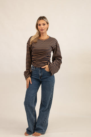 Maglia Righe Drappeggiata camel/blu|Colore:Camel/blu