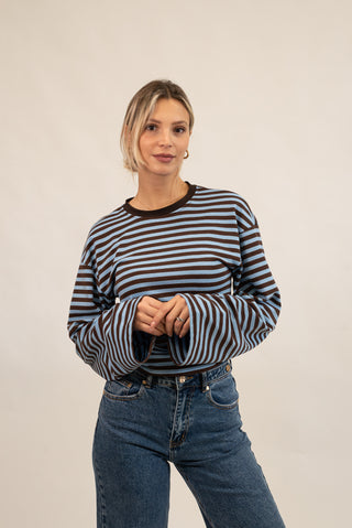 Maglia Righe Drappeggiata celeste/moro|Colore:Celeste/moro