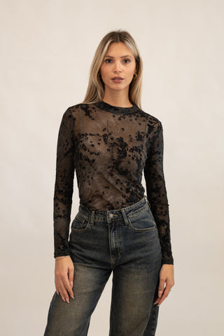 Maglia Tulle con Ricamo nero|Colore:Nero