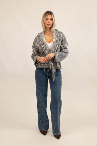 Cardigan Bandana Frange Corto grigio/panna|Colore:Grigio/panna