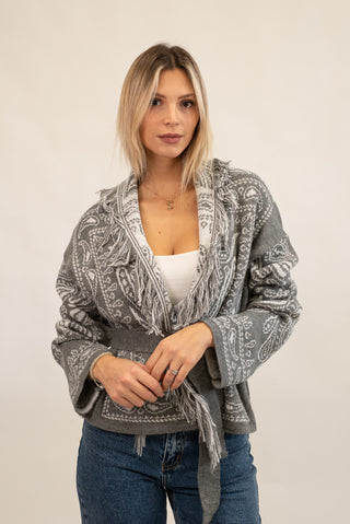 Cardigan Bandana Frange Corto grigio/panna|Colore:Grigio/panna
