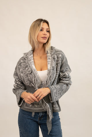 Cardigan Bandana Frange Corto grigio/panna|Colore:Grigio/panna