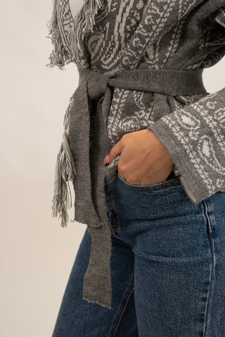Cardigan Bandana Frange Corto grigio/panna|Colore:Grigio/panna