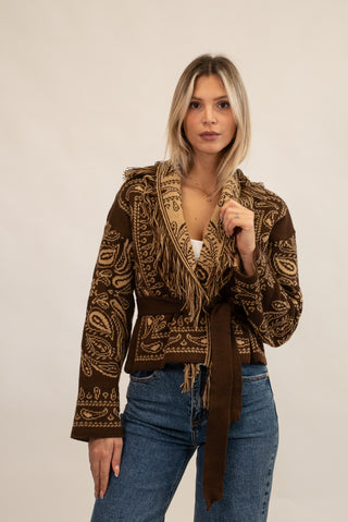 Cardigan Bandana Frange Corto moro/beige|Colore:Moro/beige