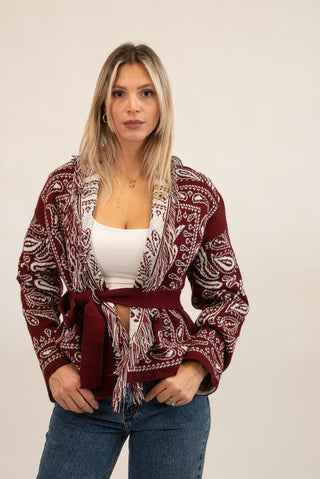 Cardigan Bandana Frange Corto bordeaux/panna|Colore:Bordeaux/panna