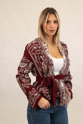 Cardigan Bandana Frange Corto bordeaux/panna|Colore:Bordeaux/panna