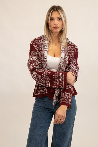 Cardigan Bandana Frange Corto bordeaux/panna|Colore:Bordeaux/panna