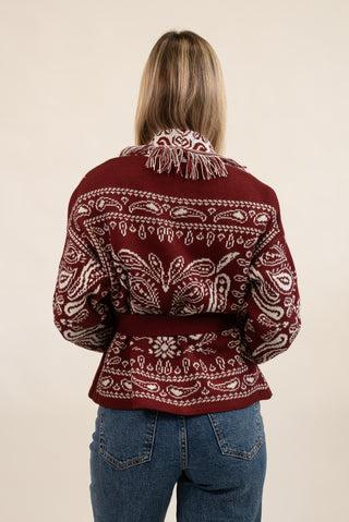 Cardigan Bandana Frange Corto bordeaux/panna|Colore:Bordeaux/panna