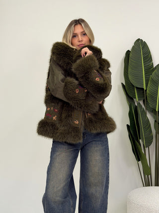 Giacca Boho Ecopelliccia verde militare|Colore:Verde militare