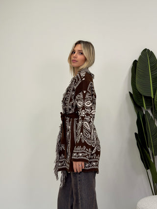 Cardigan Bandana Frange moro/panna|Colore:Moro/panna