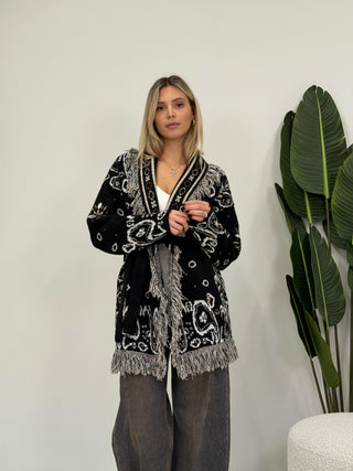 Cardigan Bandana Frange nero|Colore:Nero