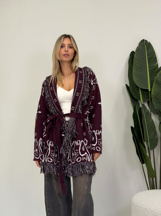 Cardigan Bandana Frange bordeaux|Colore:Bordeaux