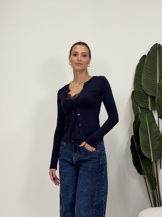 Maglia Bottoni con Pizzo blu|Colore:Blu