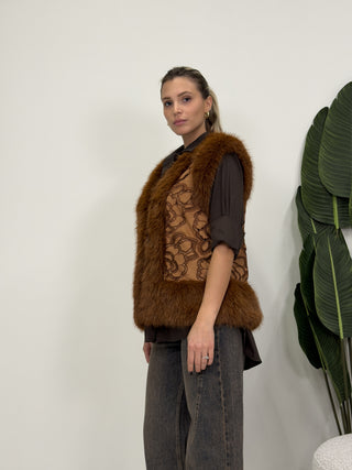 Gilet Ecopelliccia Ricamo camel|Colore:Camel
