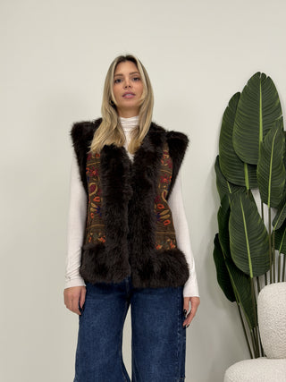 Gilet Corto Pelliccia con Ricamo moro|Colore:Moro