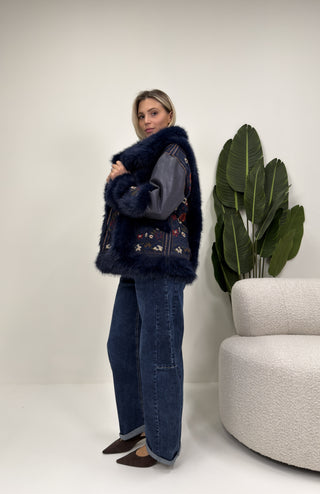 Giacca Boho Ecopelliccia blu|Colore:Blu